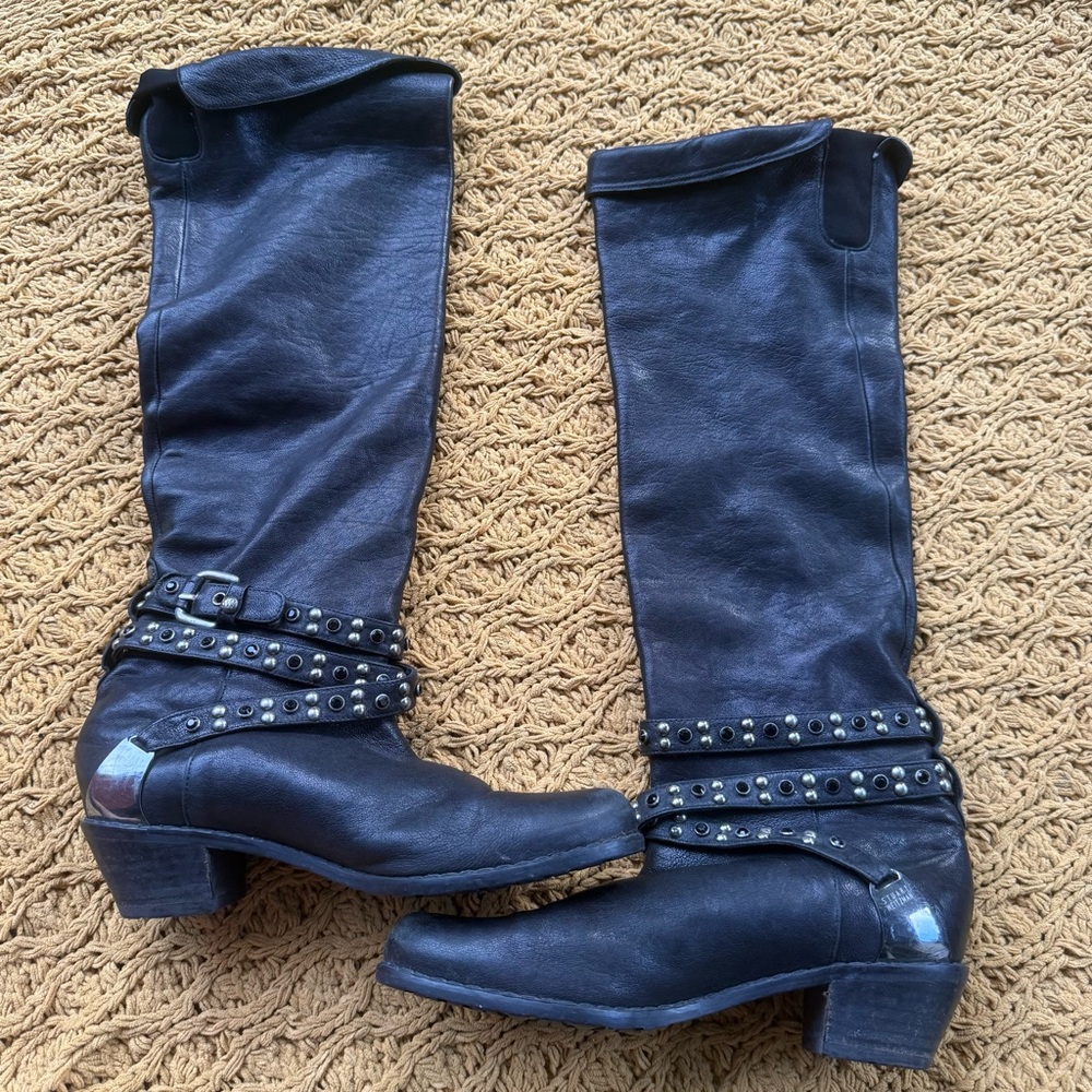 Stuart Weitzman Leather Studded KNEE HIGH Platform BOOTS Black Punk Goth Concert